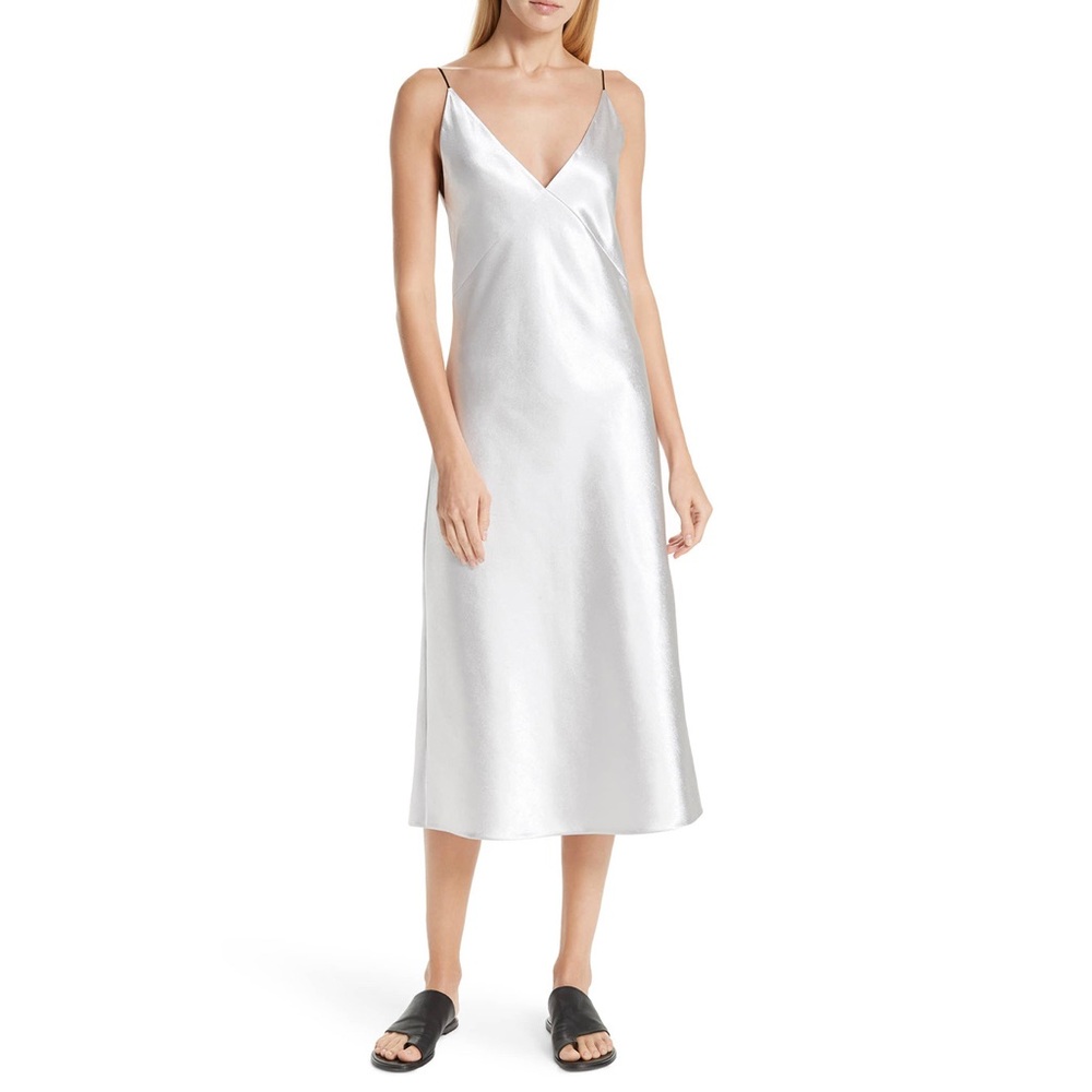 Vince V-Neck Bias Cut Spaghetti Strap Silky Midi Slip Dress Silver - Picture 4 of 9